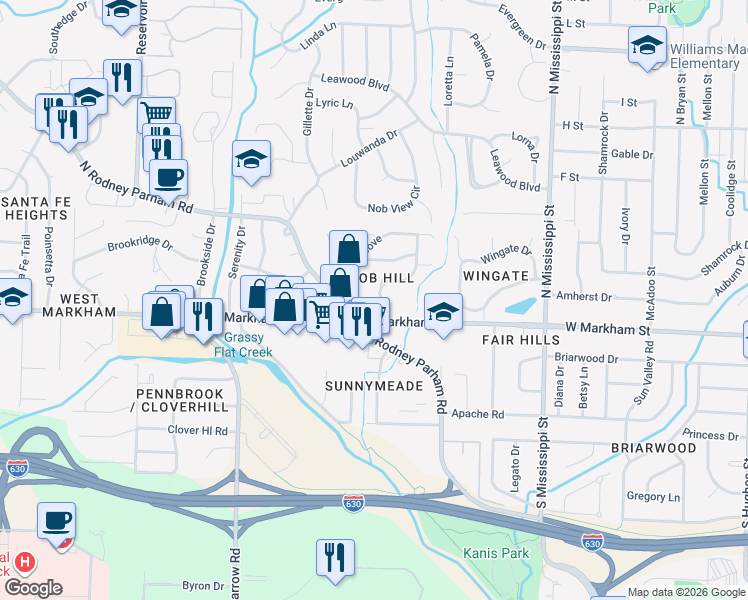 map of restaurants, bars, coffee shops, grocery stores, and more near 2 Markwood Road in Little Rock
