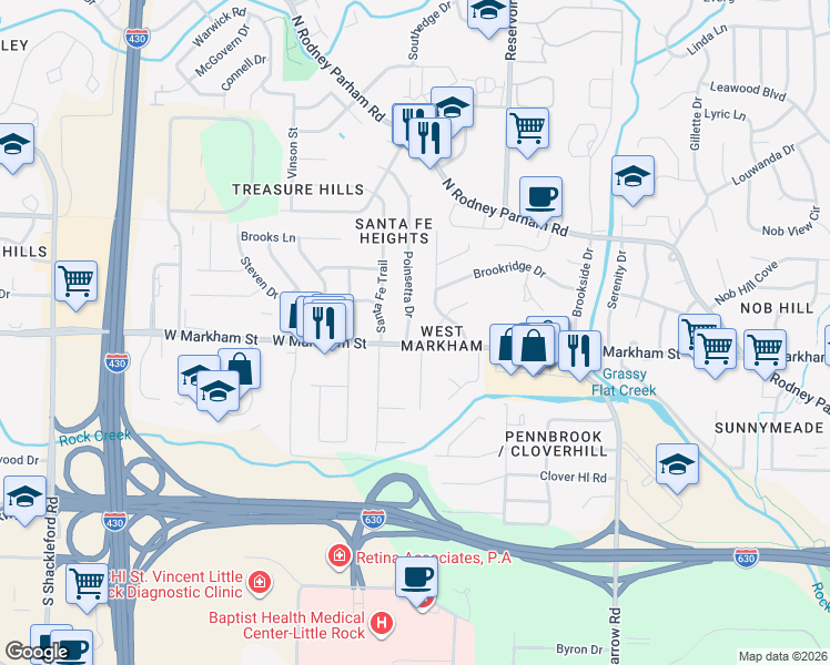 map of restaurants, bars, coffee shops, grocery stores, and more near 107 Poinsetta Drive in Little Rock