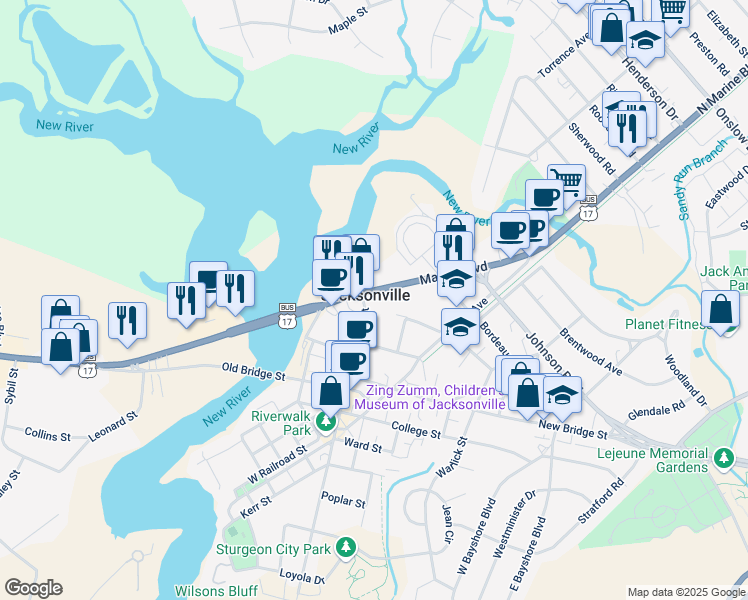 map of restaurants, bars, coffee shops, grocery stores, and more near 116 Marine Boulevard in Jacksonville