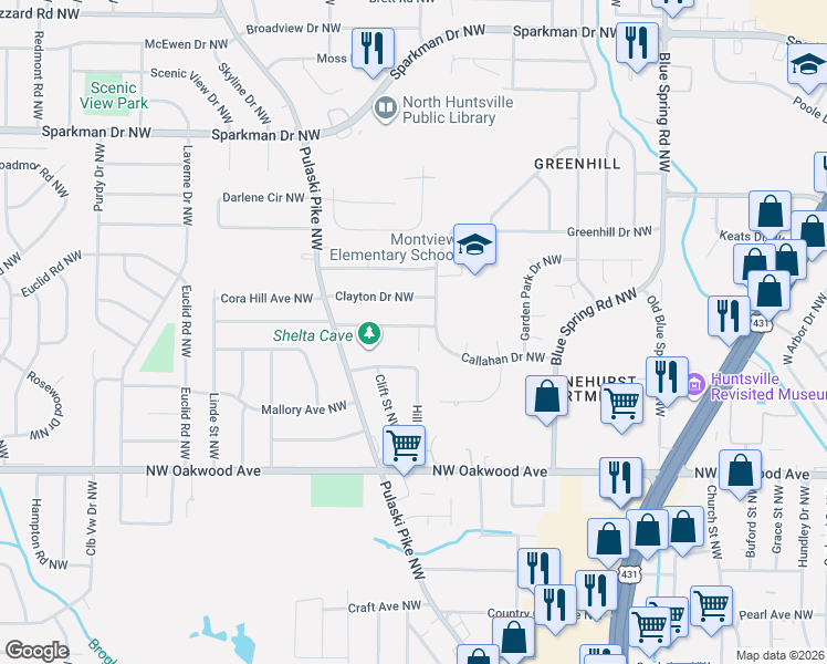 map of restaurants, bars, coffee shops, grocery stores, and more near 2507 Hill Street Northwest in Huntsville