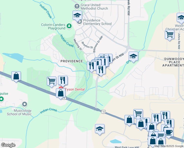 map of restaurants, bars, coffee shops, grocery stores, and more near 2 Off Broadway Street Northwest in Huntsville