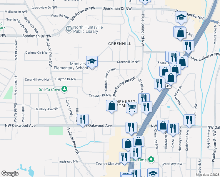 map of restaurants, bars, coffee shops, grocery stores, and more near 2504 Amberwood Circle in Huntsville