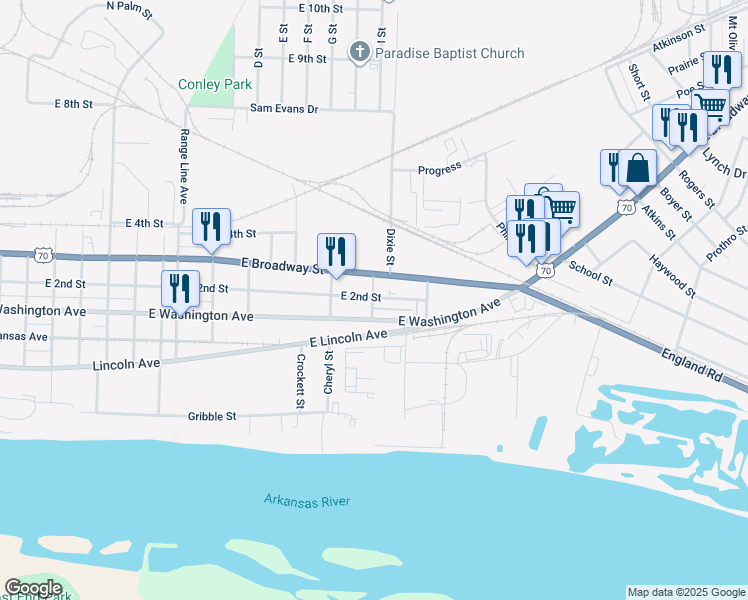 map of restaurants, bars, coffee shops, grocery stores, and more near 100 Keller Street in North Little Rock