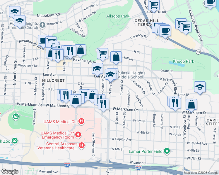 map of restaurants, bars, coffee shops, grocery stores, and more near 3814 Compton Street in Little Rock