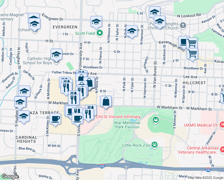 map of restaurants, bars, coffee shops, grocery stores, and more near 217 North Fillmore Street in Little Rock