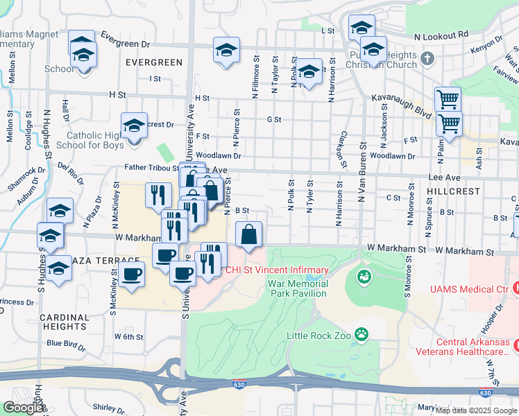 map of restaurants, bars, coffee shops, grocery stores, and more near 217 North Fillmore Street in Little Rock