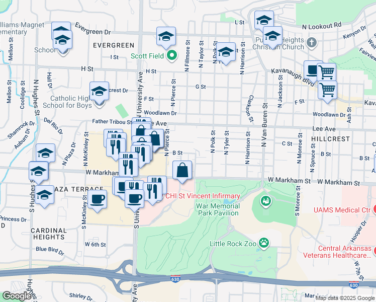 map of restaurants, bars, coffee shops, grocery stores, and more near 217 North Fillmore Street in Little Rock