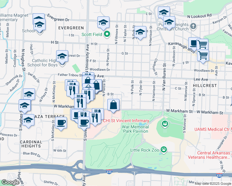 map of restaurants, bars, coffee shops, grocery stores, and more near 217 North Fillmore Street in Little Rock