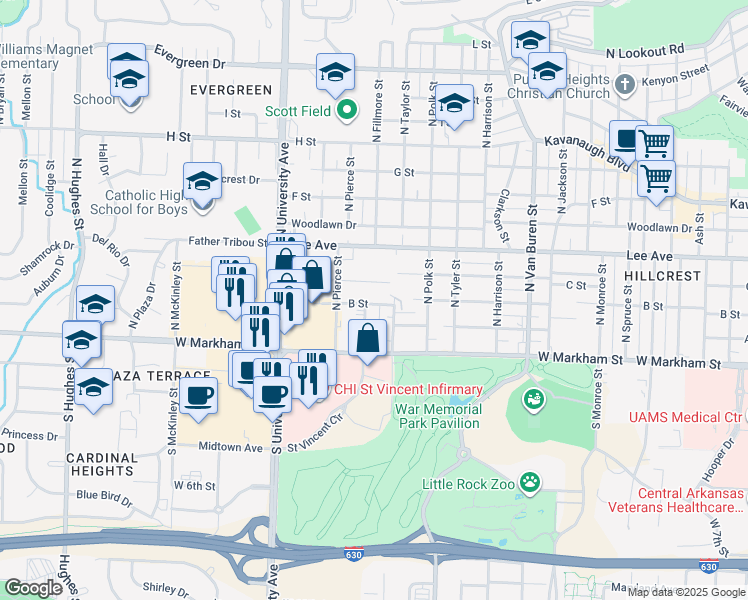 map of restaurants, bars, coffee shops, grocery stores, and more near 217 North Fillmore Street in Little Rock