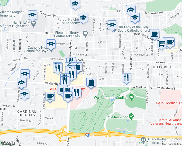 map of restaurants, bars, coffee shops, grocery stores, and more near 217 North Fillmore Street in Little Rock