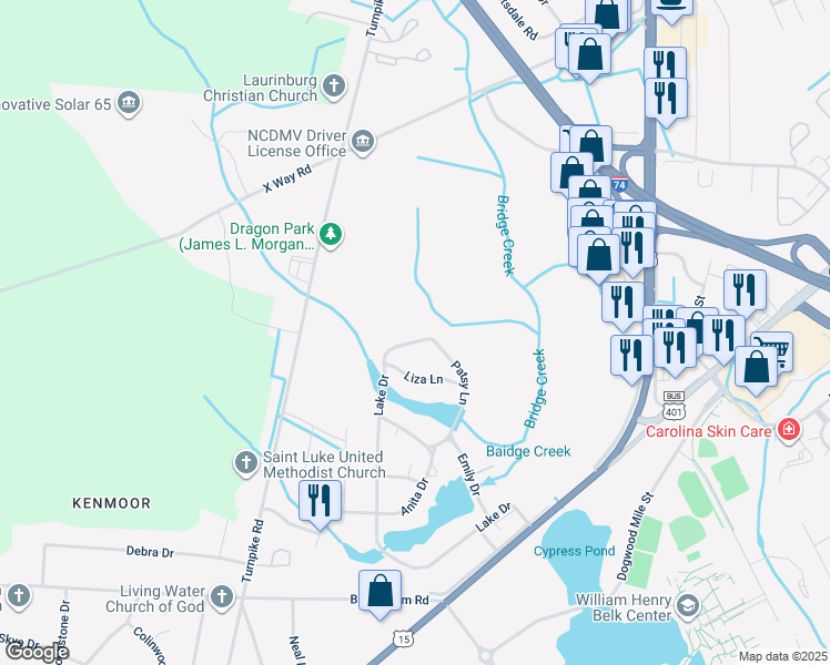 map of restaurants, bars, coffee shops, grocery stores, and more near 1102 Lake Drive in Laurinburg
