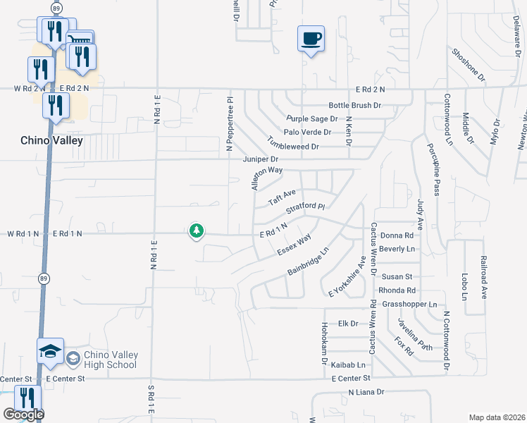 map of restaurants, bars, coffee shops, grocery stores, and more near 1321 Taft Avenue in Chino Valley