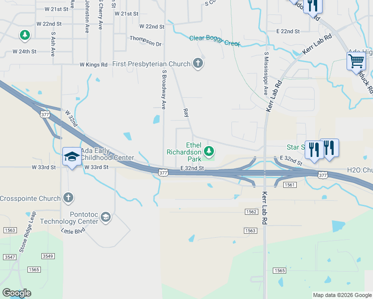 map of restaurants, bars, coffee shops, grocery stores, and more near 1827 South Broadway Boulevard in Ada