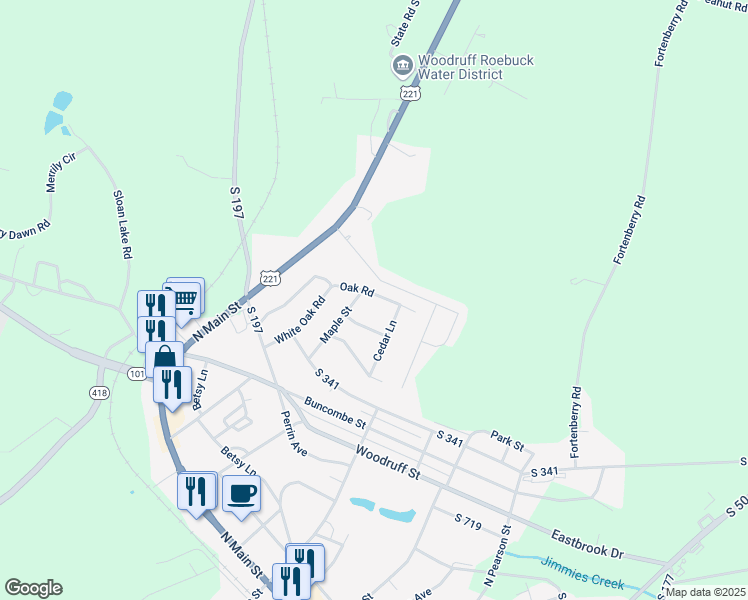 map of restaurants, bars, coffee shops, grocery stores, and more near 3108 Oak Road in Woodruff
