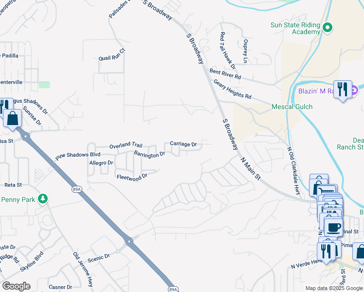 map of restaurants, bars, coffee shops, grocery stores, and more near 408 Barrington Drive in Clarkdale