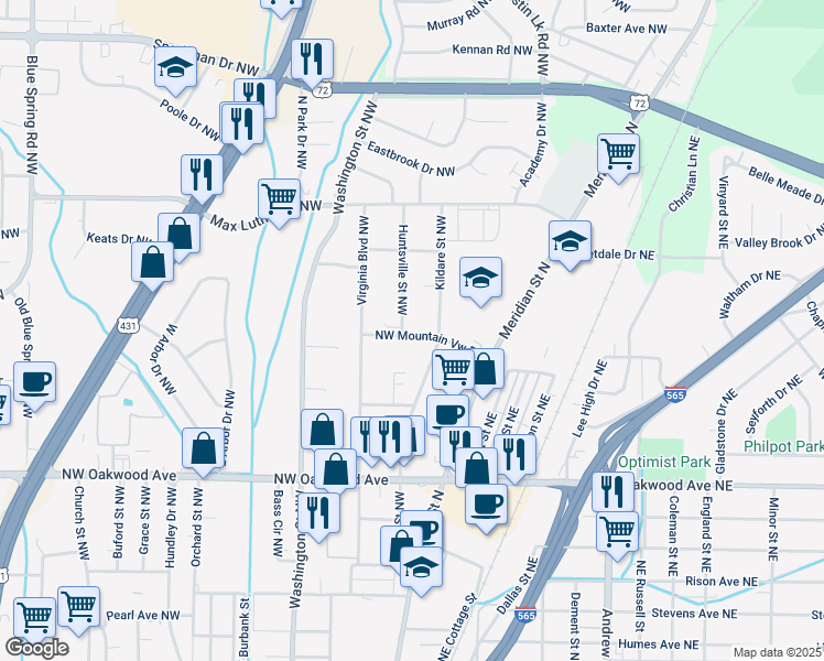 map of restaurants, bars, coffee shops, grocery stores, and more near 211 Northwest Mountain View Drive in Huntsville