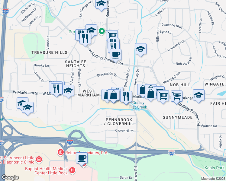 map of restaurants, bars, coffee shops, grocery stores, and more near 2 Westbrook Circle in Little Rock