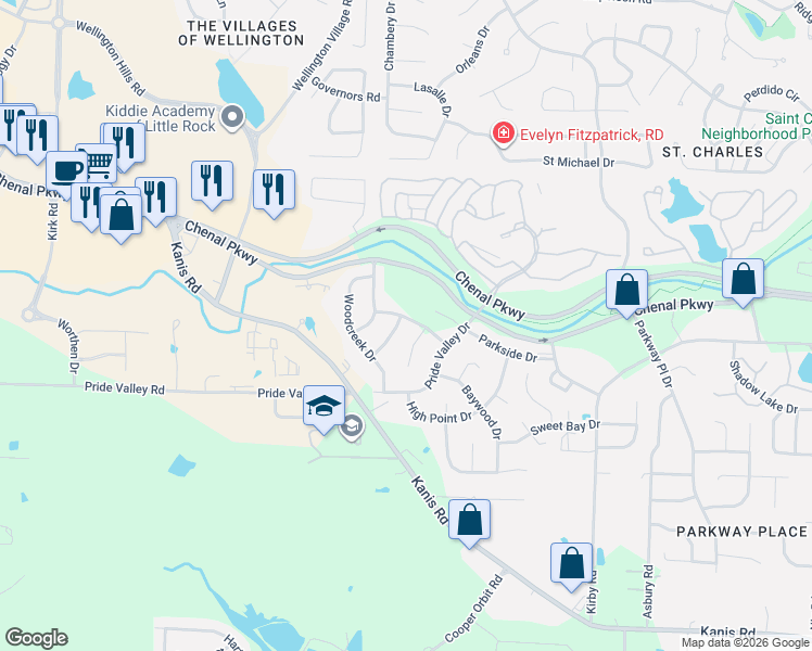 map of restaurants, bars, coffee shops, grocery stores, and more near 7 Elmcrest Court in Little Rock