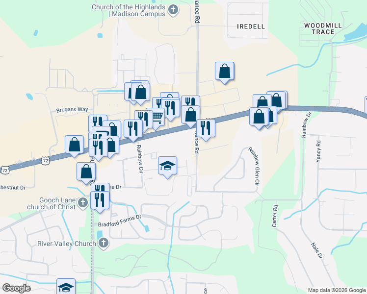 map of restaurants, bars, coffee shops, grocery stores, and more near 74 Nance Road in Madison