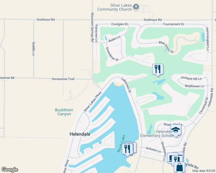 map of restaurants, bars, coffee shops, grocery stores, and more near 27657 Silver Lakes Parkway in Helendale