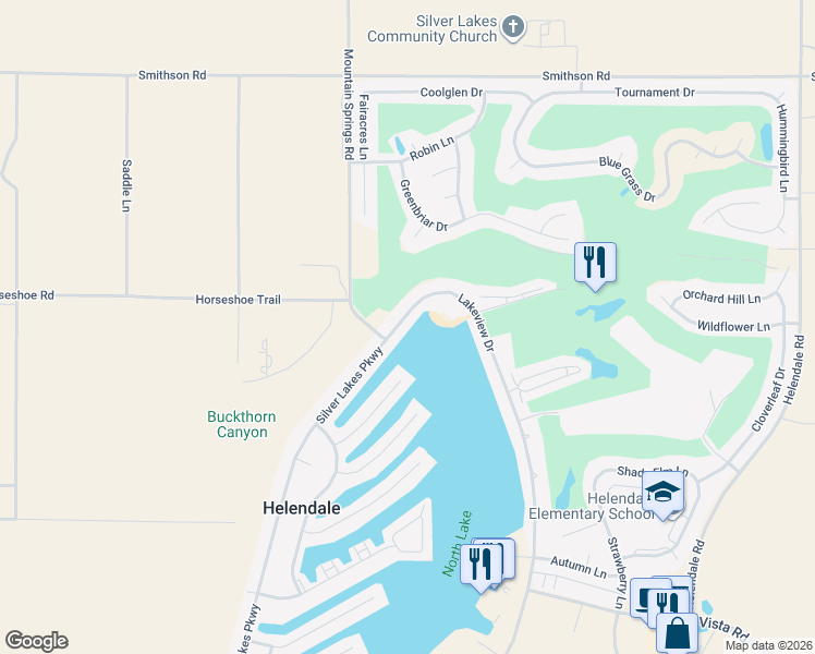map of restaurants, bars, coffee shops, grocery stores, and more near 27657 Silver Lakes Parkway in Helendale