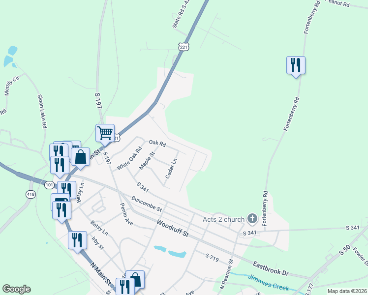 map of restaurants, bars, coffee shops, grocery stores, and more near 408 Bucky Dr in Woodruff