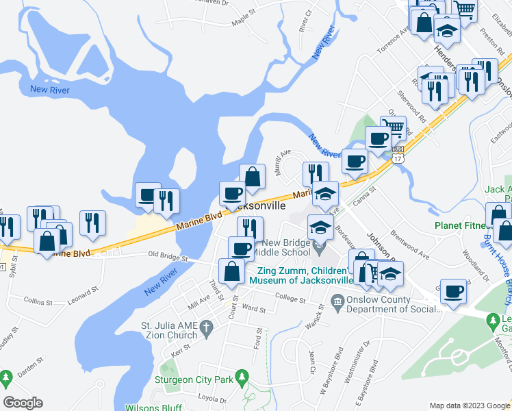 map of restaurants, bars, coffee shops, grocery stores, and more near 229 South Marine Boulevard in Jacksonville