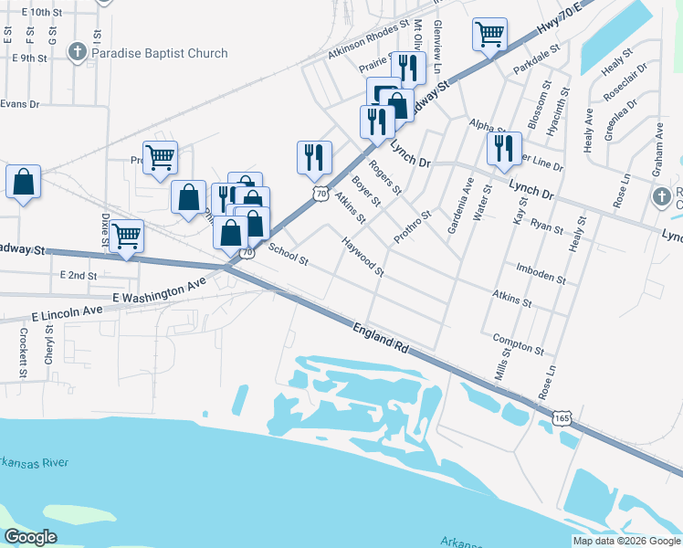 map of restaurants, bars, coffee shops, grocery stores, and more near 4605 School Street in North Little Rock