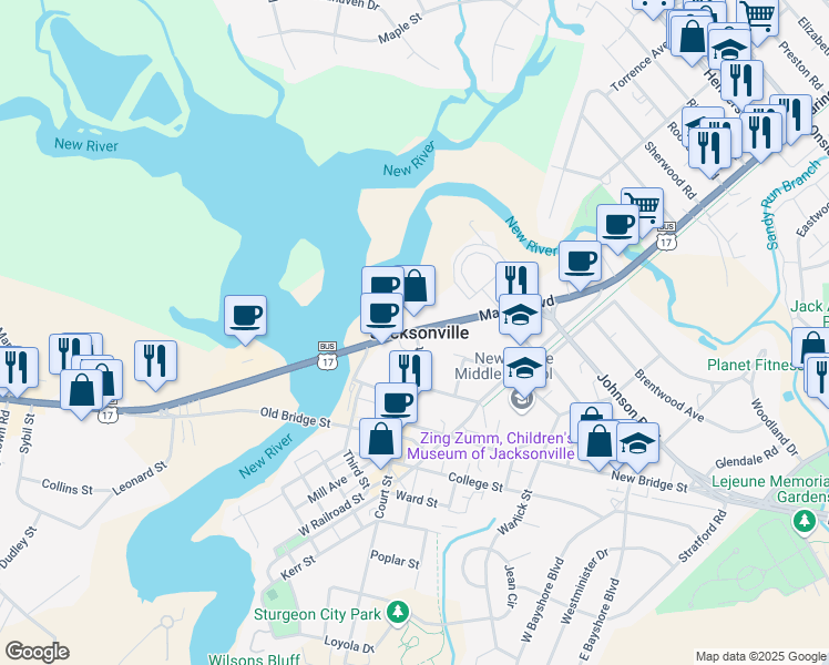 map of restaurants, bars, coffee shops, grocery stores, and more near 111 U.S. 17 Business in Jacksonville