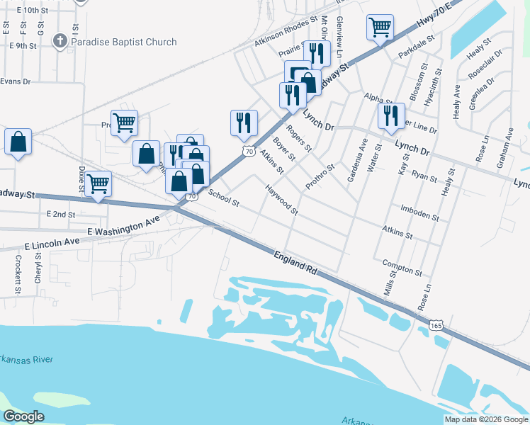 map of restaurants, bars, coffee shops, grocery stores, and more near 112 Middle Street in North Little Rock