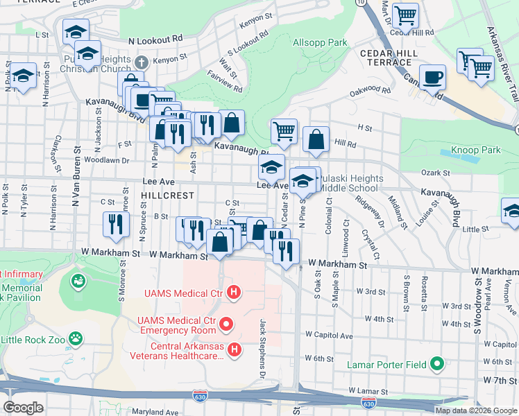map of restaurants, bars, coffee shops, grocery stores, and more near 4112 B Street in Little Rock