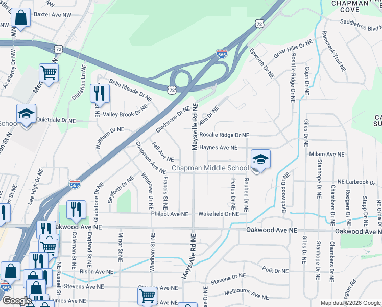 map of restaurants, bars, coffee shops, grocery stores, and more near 2204 Fairfax Street Northeast in Huntsville