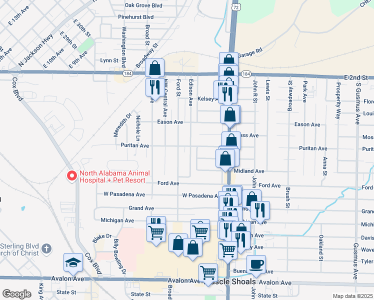 map of restaurants, bars, coffee shops, grocery stores, and more near 800-898 Hamilton Ave in Muscle Shoals