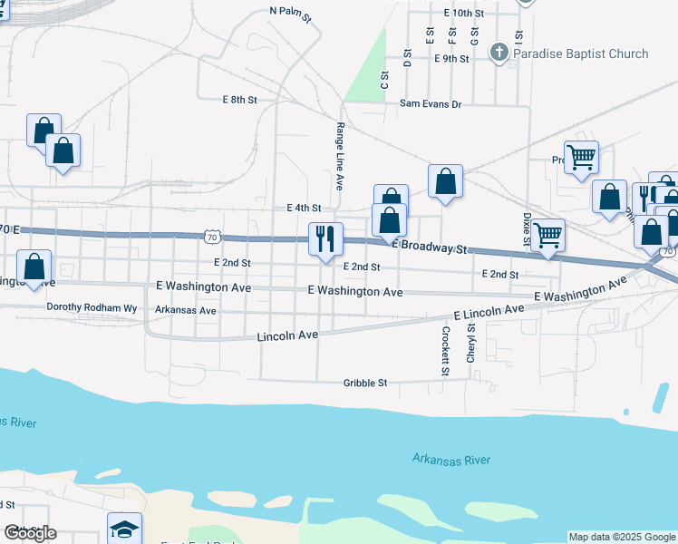 map of restaurants, bars, coffee shops, grocery stores, and more near 2905 East Washington Avenue in North Little Rock