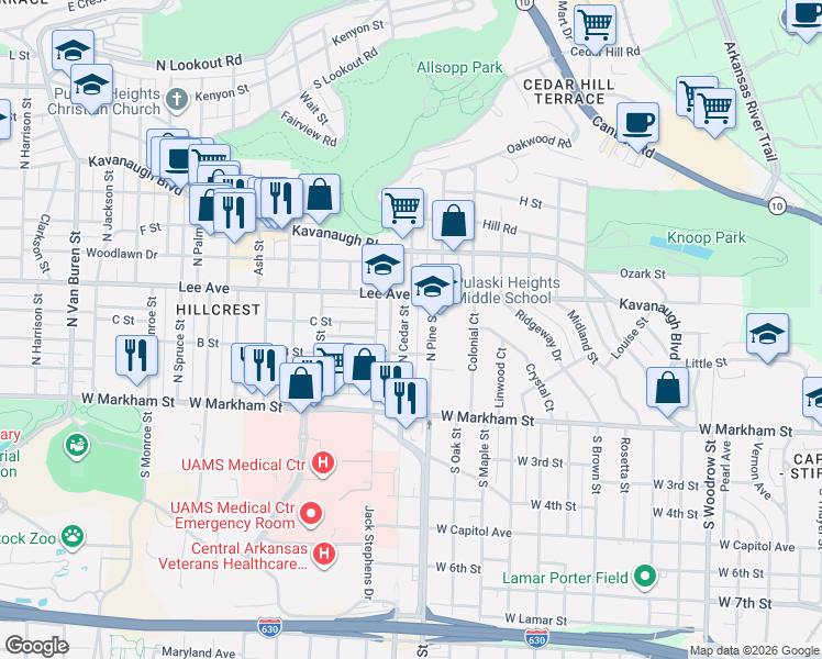 map of restaurants, bars, coffee shops, grocery stores, and more near 304 North Cedar Street in Little Rock
