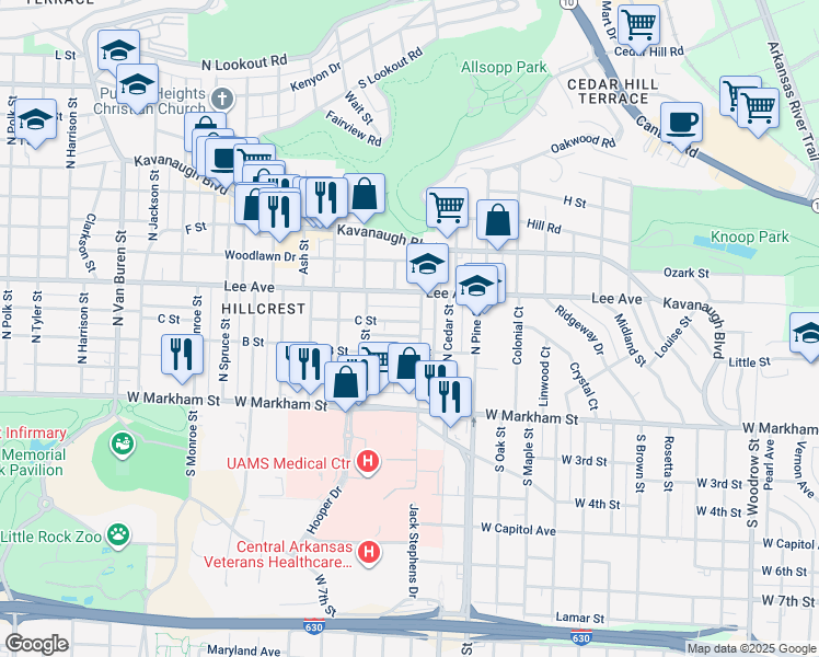map of restaurants, bars, coffee shops, grocery stores, and more near 4112 B Street in Little Rock