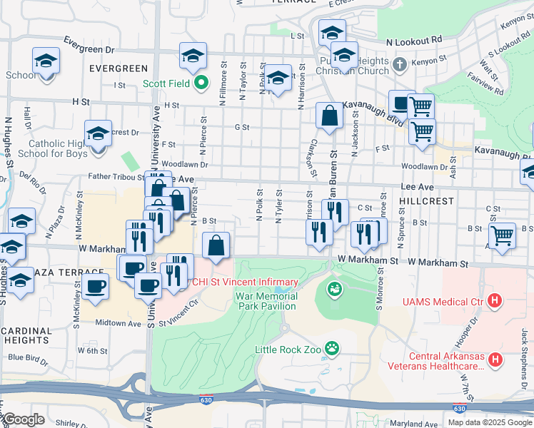 map of restaurants, bars, coffee shops, grocery stores, and more near 5411 B Street in Little Rock