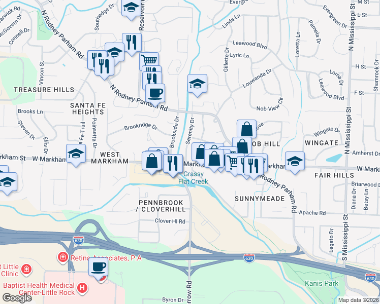 map of restaurants, bars, coffee shops, grocery stores, and more near 4 Southbrook Circle in Little Rock