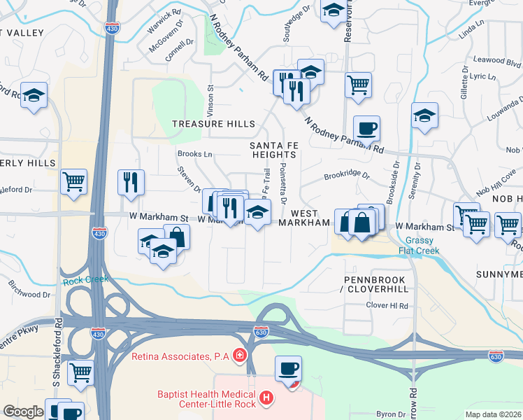 map of restaurants, bars, coffee shops, grocery stores, and more near 2 Santa Fe Trail in Little Rock