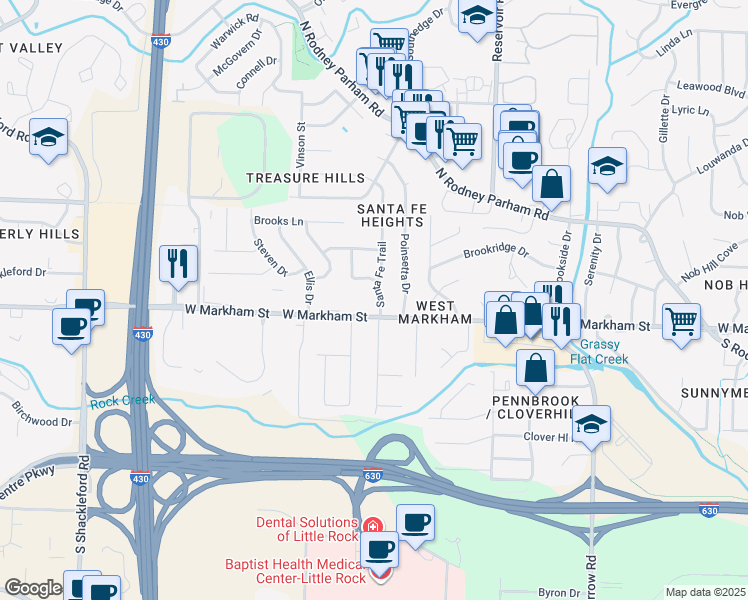 map of restaurants, bars, coffee shops, grocery stores, and more near 2 Santa Fe Trail in Little Rock