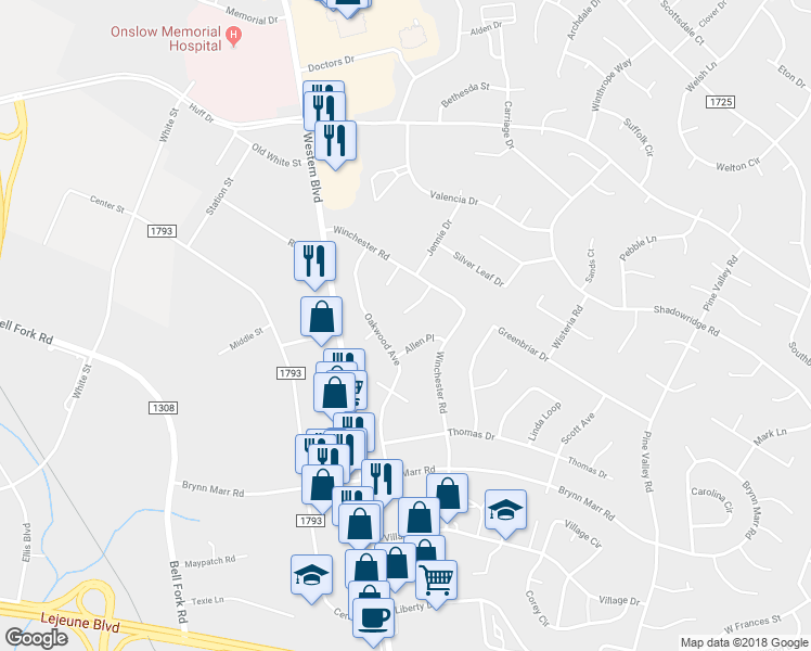 map of restaurants, bars, coffee shops, grocery stores, and more near 111 Ronny Court in Jacksonville