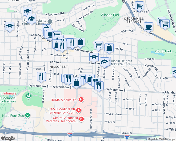 map of restaurants, bars, coffee shops, grocery stores, and more near 4112 B Street in Little Rock