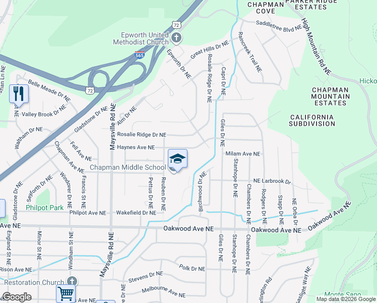 map of restaurants, bars, coffee shops, grocery stores, and more near 1812 Haynes Avenue Northeast in Huntsville