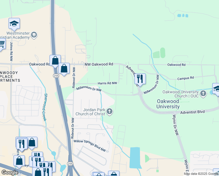 map of restaurants, bars, coffee shops, grocery stores, and more near 5300 Millennium Drive Northwest in Huntsville