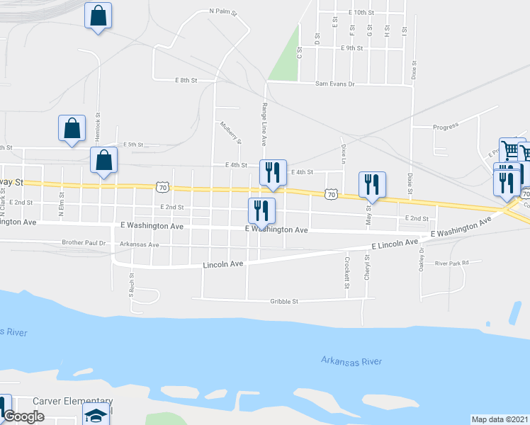 map of restaurants, bars, coffee shops, grocery stores, and more near 2905 East Washington Avenue in North Little Rock
