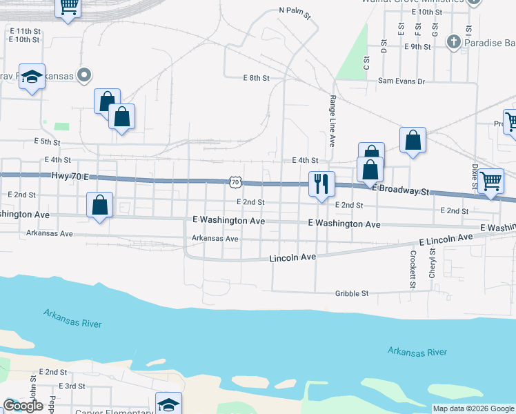 map of restaurants, bars, coffee shops, grocery stores, and more near 2502 East Washington Avenue in North Little Rock