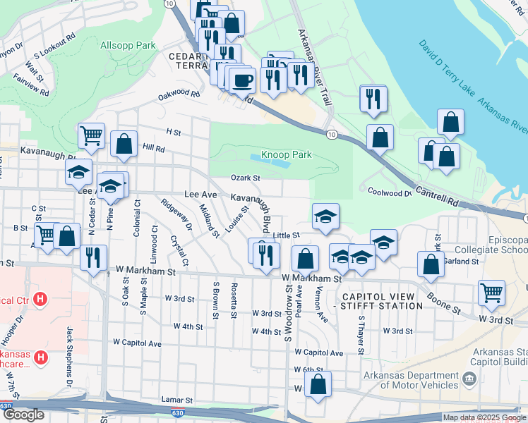 map of restaurants, bars, coffee shops, grocery stores, and more near 1205 Kavanaugh Boulevard in Little Rock