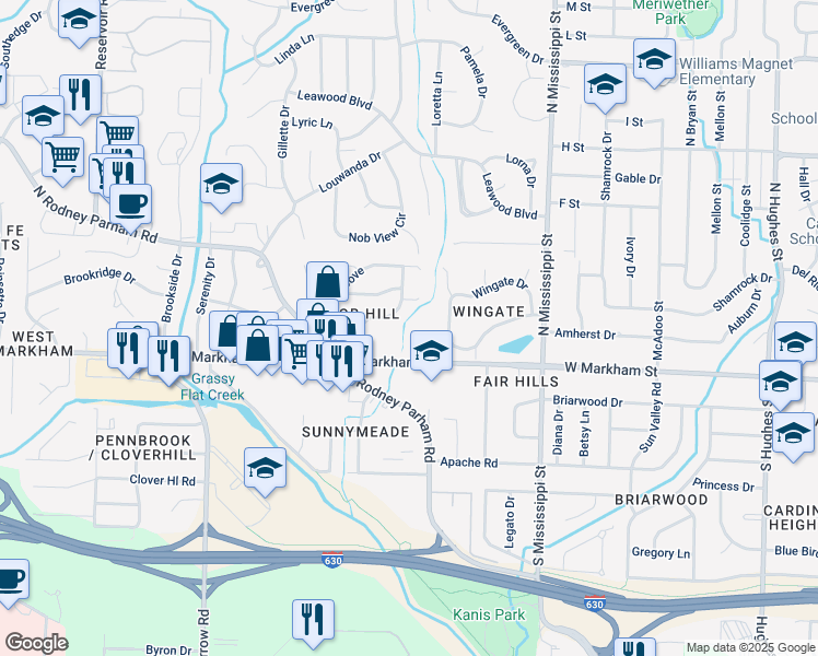 map of restaurants, bars, coffee shops, grocery stores, and more near 8118 West Markham Street in Little Rock