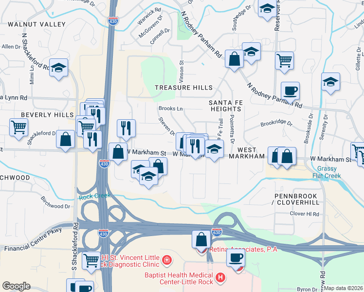 map of restaurants, bars, coffee shops, grocery stores, and more near 9923 West Markham Street in Little Rock