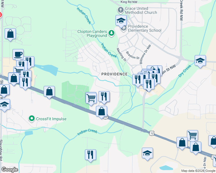 map of restaurants, bars, coffee shops, grocery stores, and more near 30 Gates Mill Street Northwest in Huntsville